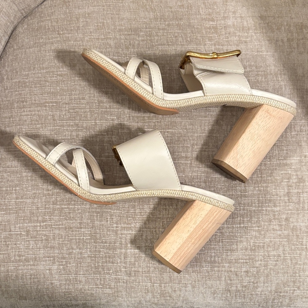 Vince Camuto Cream Block Heel Sandals with Gold Buckle - Picture 4 of 5